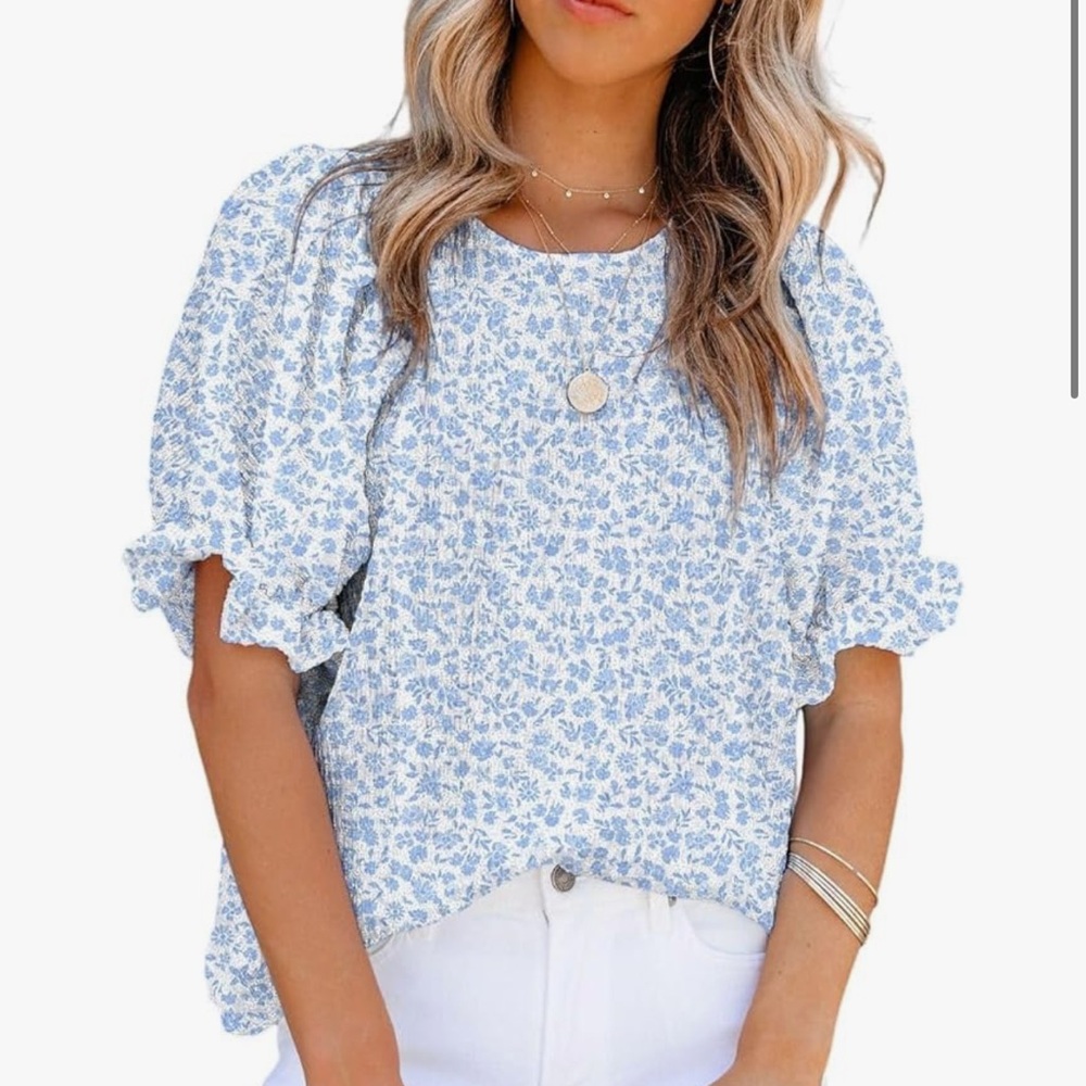 Floral Print Blouse in Blue and White